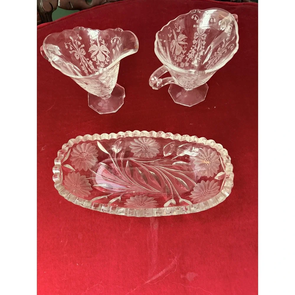 Vintage Cut Glass Creamer & Sugar Set With Tray Clear Floral Etched Design